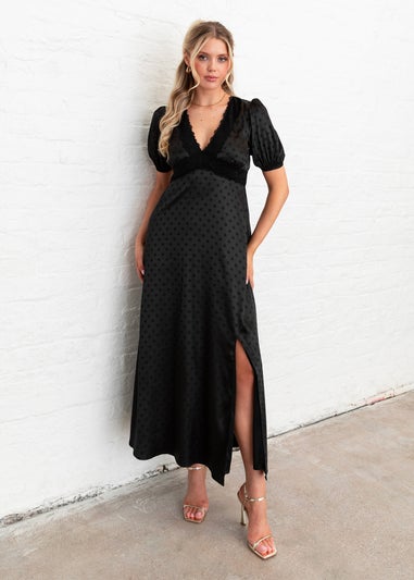 Lovedrobe Black Polka Dot V Neck Midaxi Dress With Lace Trim