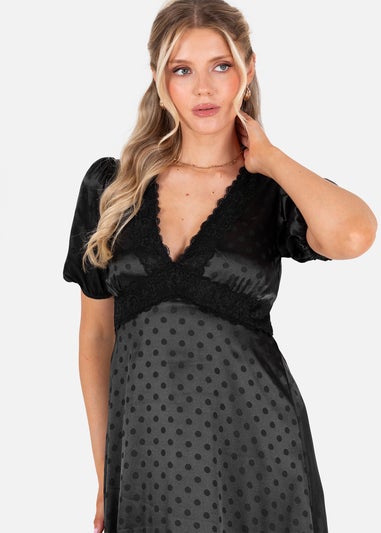 Lovedrobe Black Polka Dot V Neck Midaxi Dress With Lace Trim