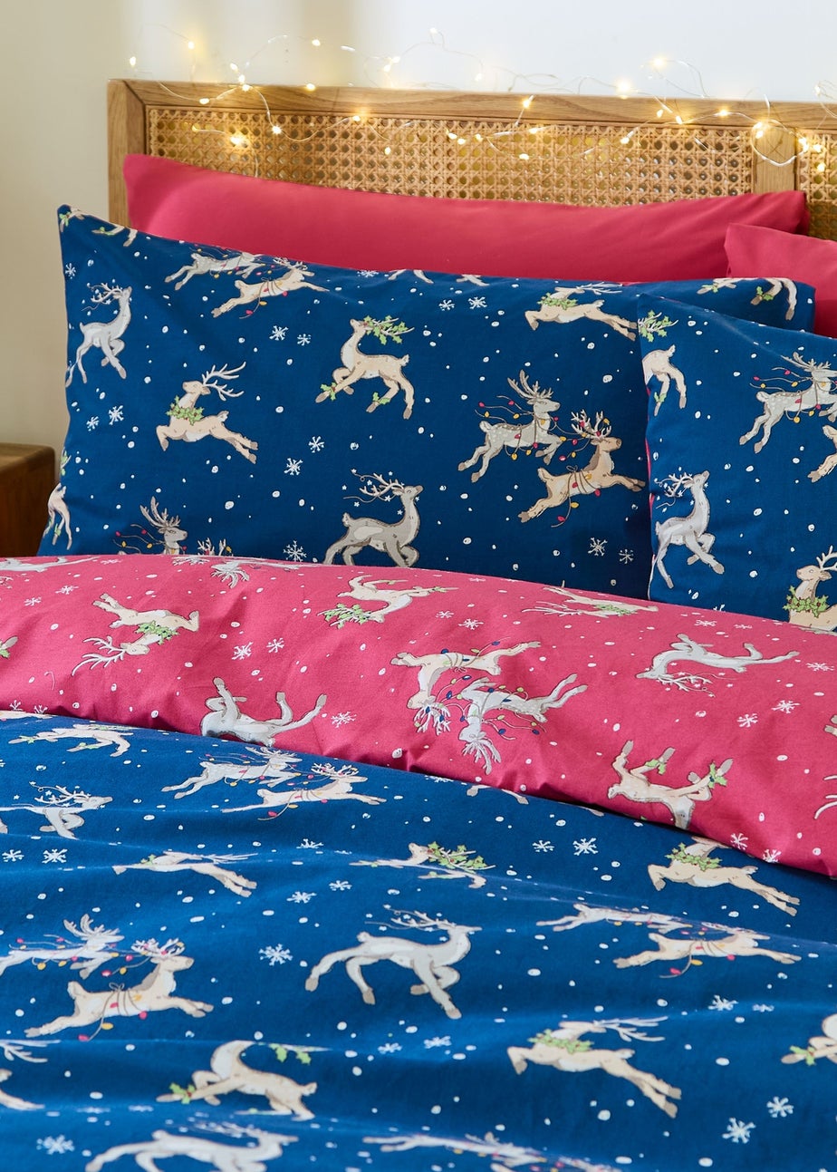 Their Nibs Christmas Reindeer Cotton Reversible Duvet Cover Set Blue