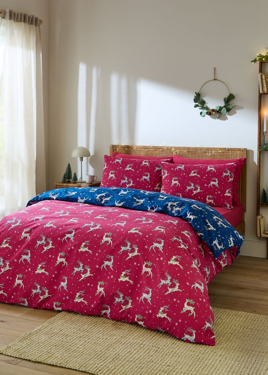 Their Nibs Christmas Reindeer Cotton Reversible Duvet Cover Set Blue