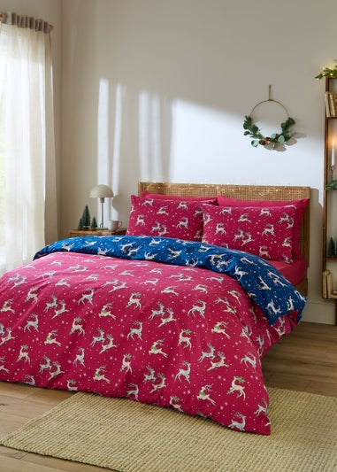 Their Nibs Christmas Reindeer Cotton Reversible Duvet Cover Set Blue