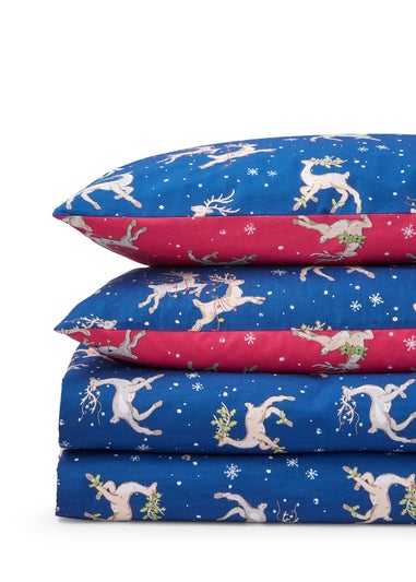 Their Nibs Christmas Reindeer Cotton Reversible Duvet Cover Set Blue