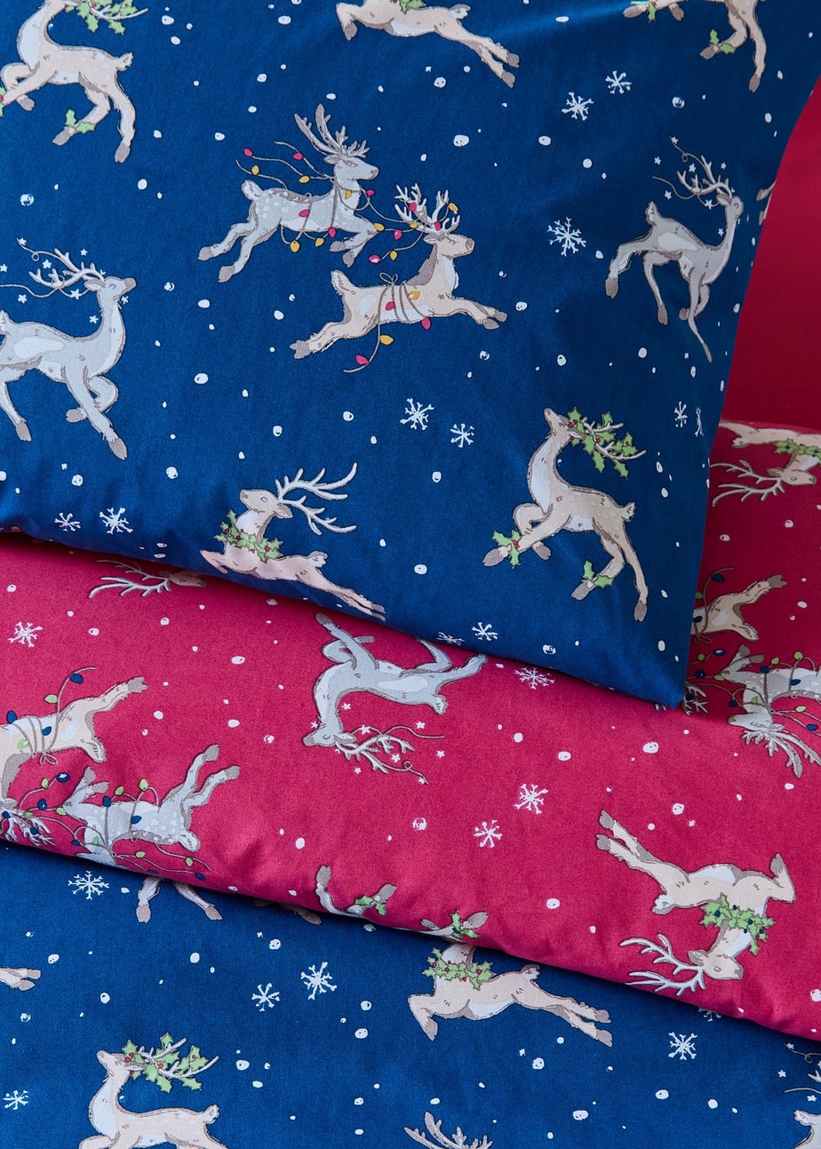 Their Nibs Christmas Reindeer Cotton Reversible Duvet Cover Set Blue