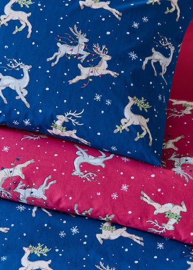 Their Nibs Christmas Reindeer Cotton Reversible Duvet Cover Set Blue