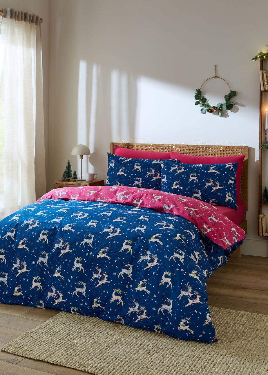 Their Nibs Christmas Reindeer Cotton Reversible Duvet Cover Set Blue