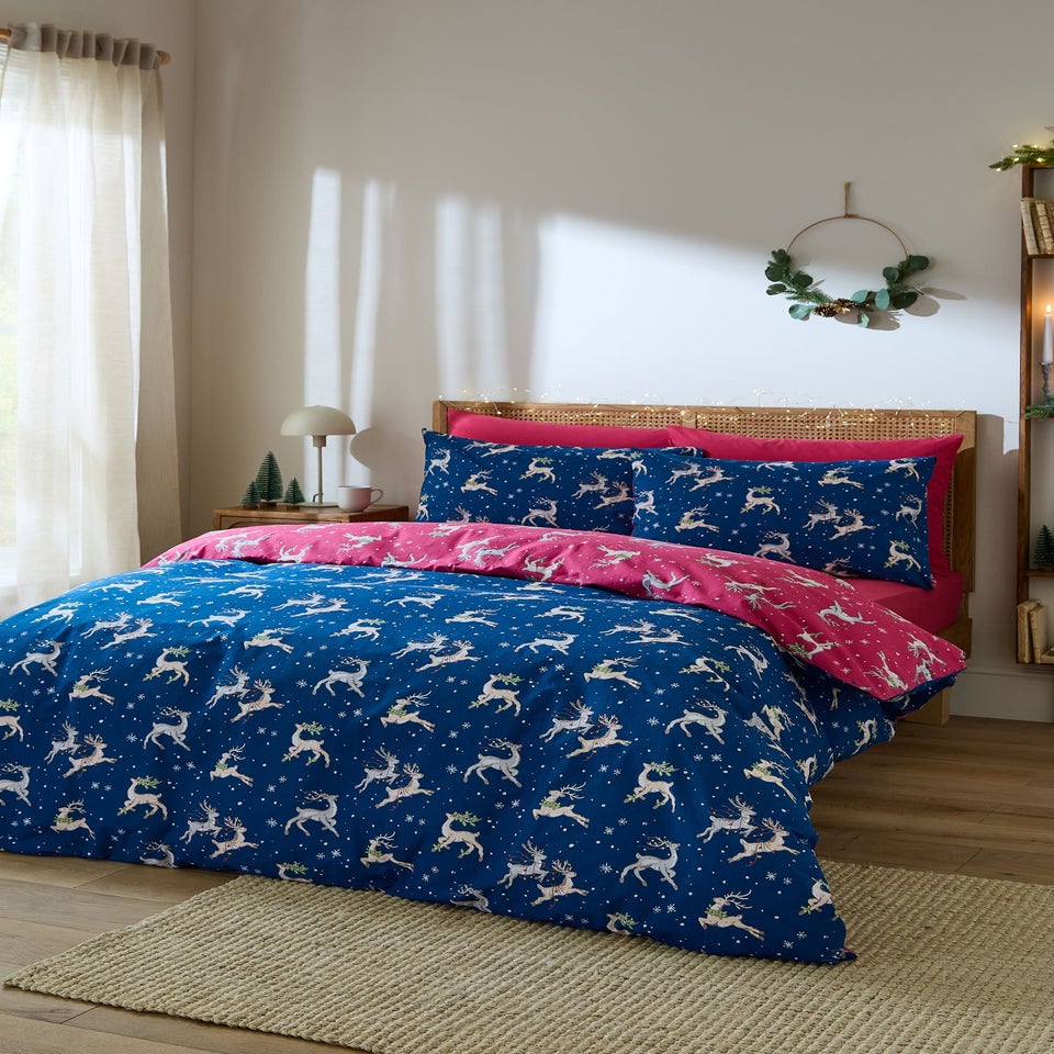 Their Nibs Christmas Reindeer Cotton Reversible Duvet Cover Set Blue
