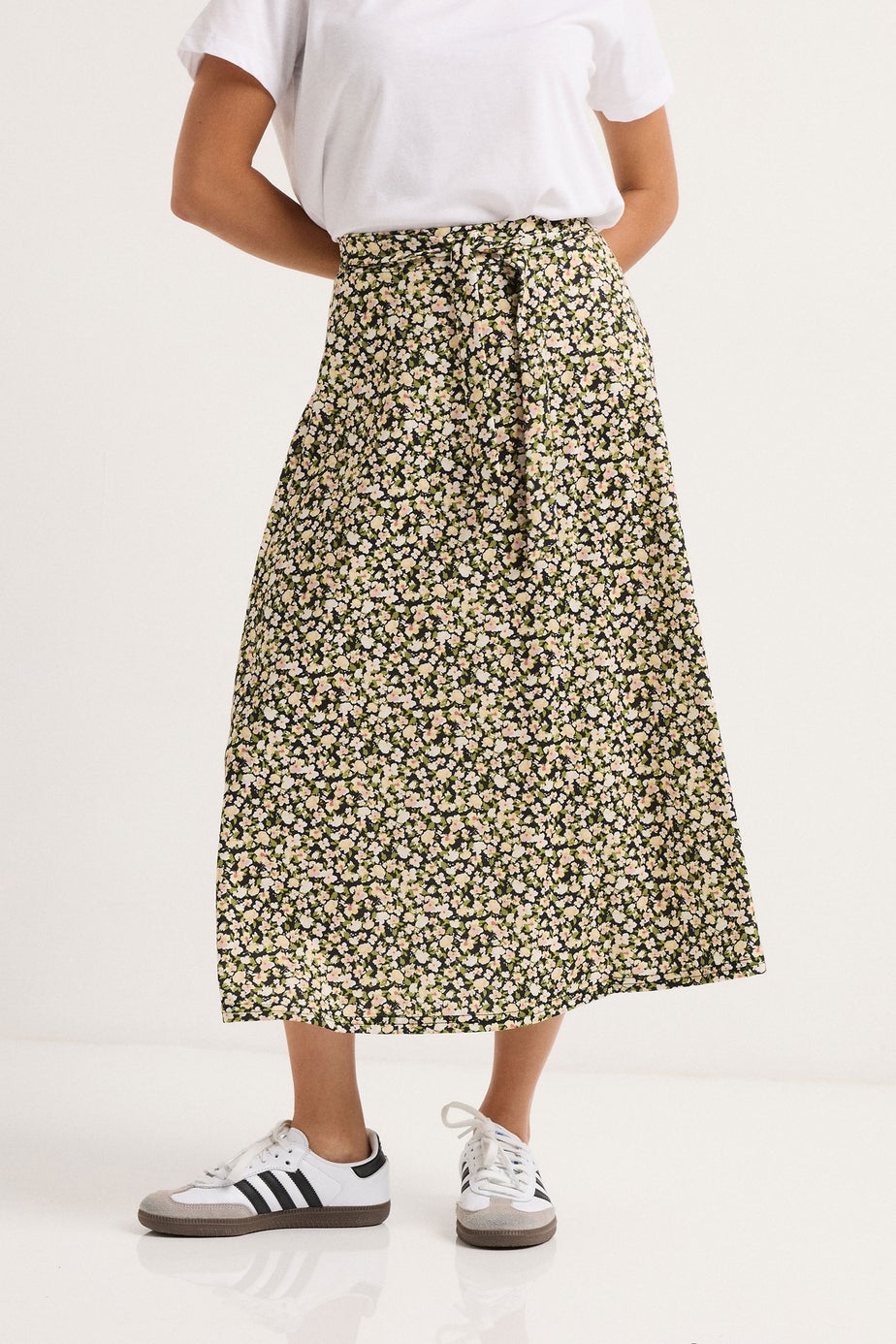 PixieGirl Petite Brown Floral Belt Tie Midi Skirt