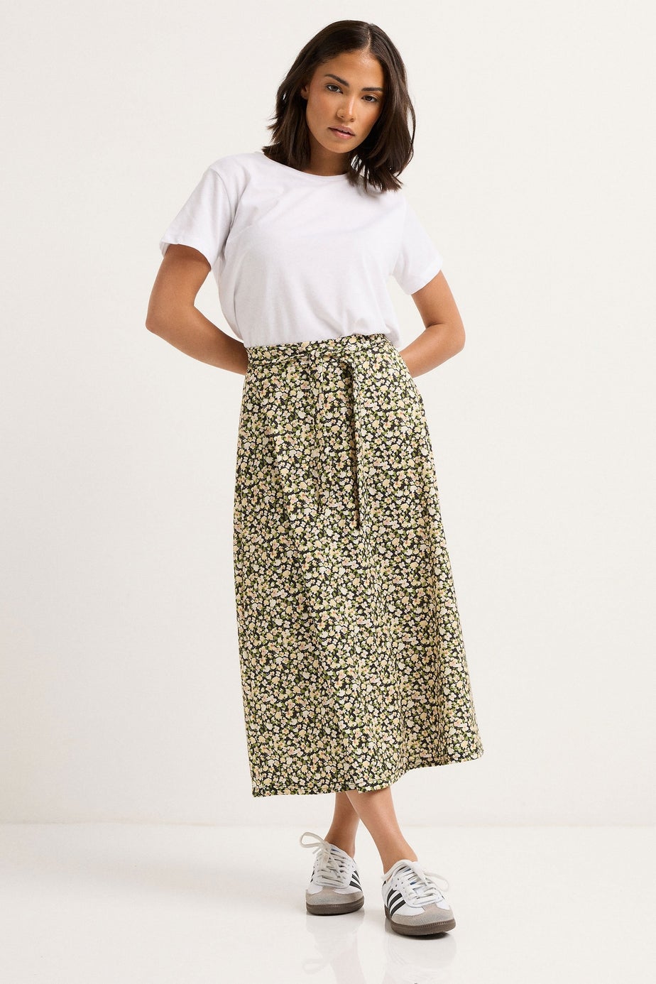 PixieGirl Petite Brown Floral Belt Tie Midi Skirt