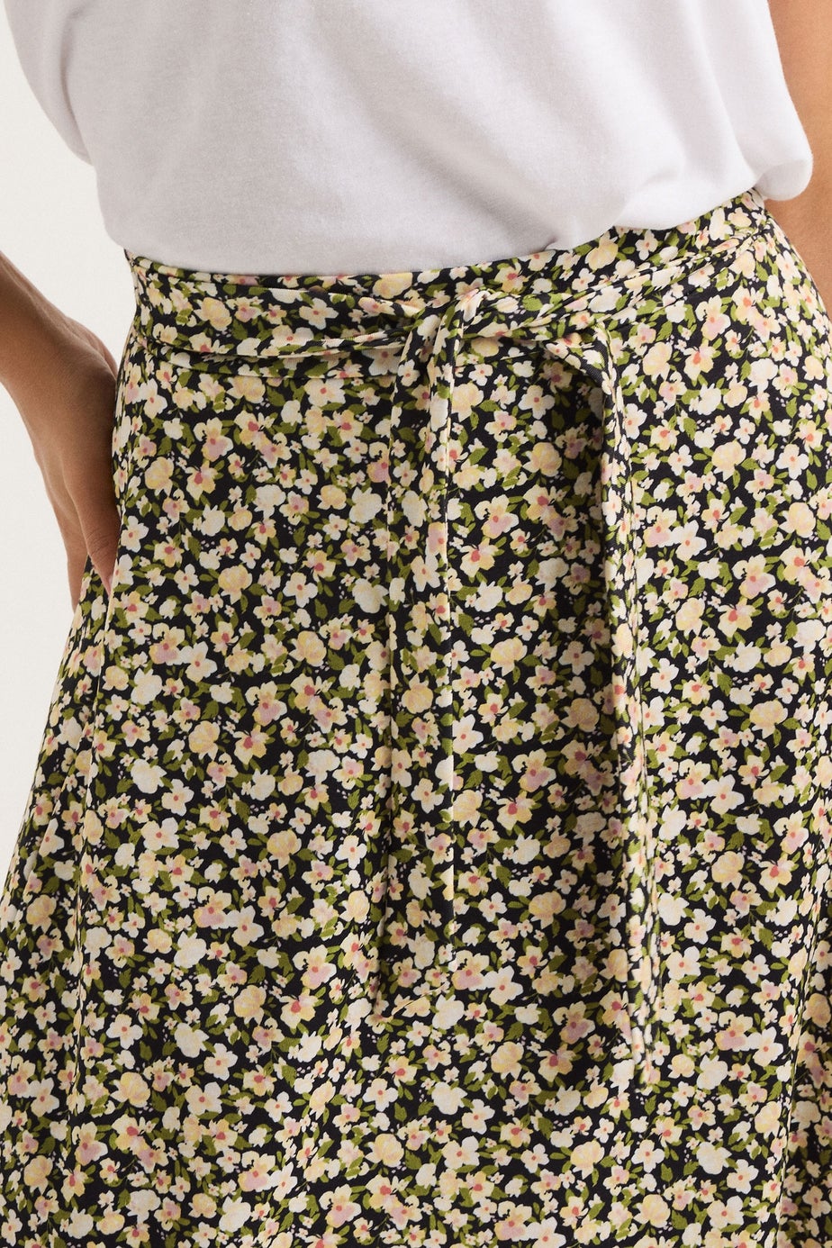 PixieGirl Petite Brown Floral Belt Tie Midi Skirt