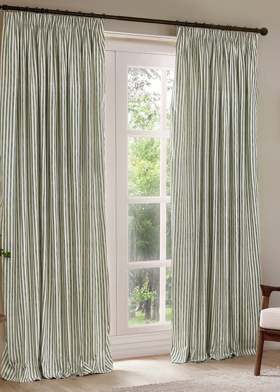 Yard Hebden Stripe Cotton Pencil Pleat Curtains Forest