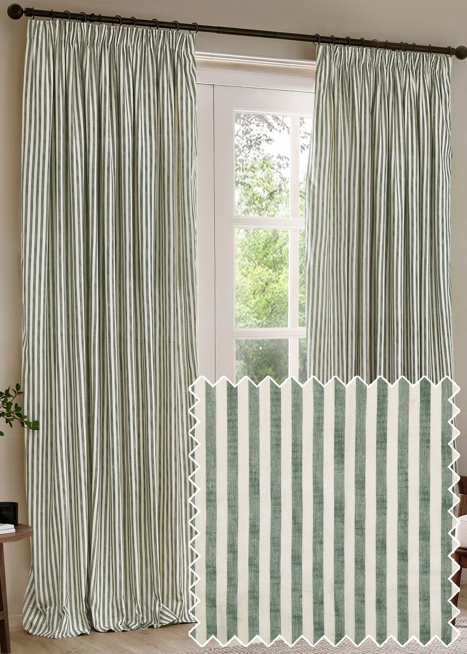 Yard Hebden Stripe Cotton Pencil Pleat Curtains Forest