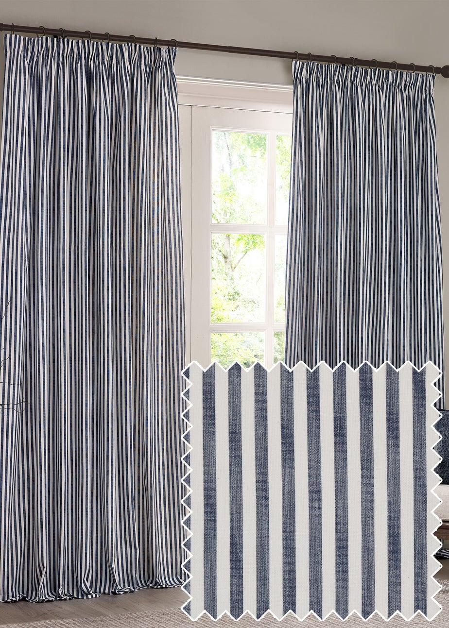 Yard Hebden Stripe Cotton Pencil Pleat Curtains Navy