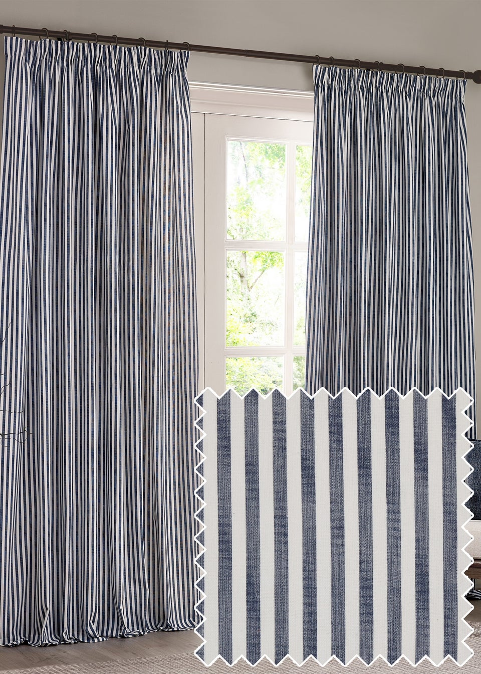 Yard Hebden Stripe Cotton Pencil Pleat Curtains Navy