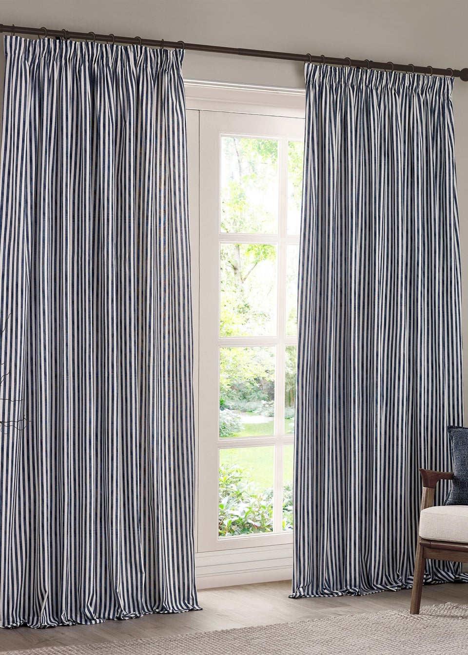 Yard Hebden Stripe Cotton Pencil Pleat Curtains Navy