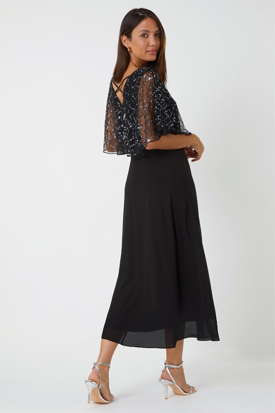 Roman Black Sequin Embellished Chiffon Wrap Maxi Dress