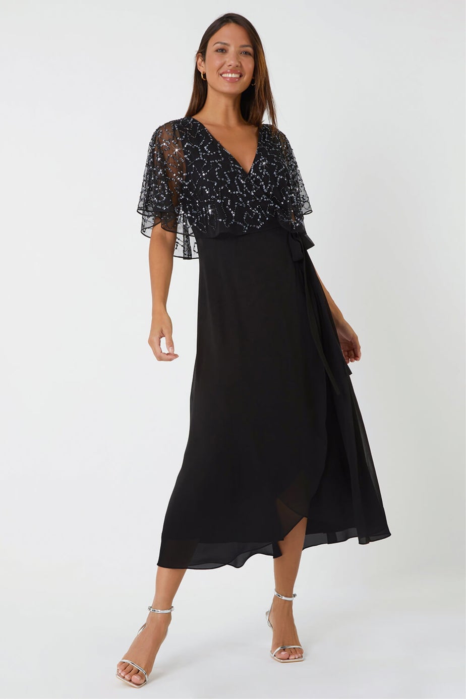 Roman Black Sequin Embellished Chiffon Wrap Maxi Dress