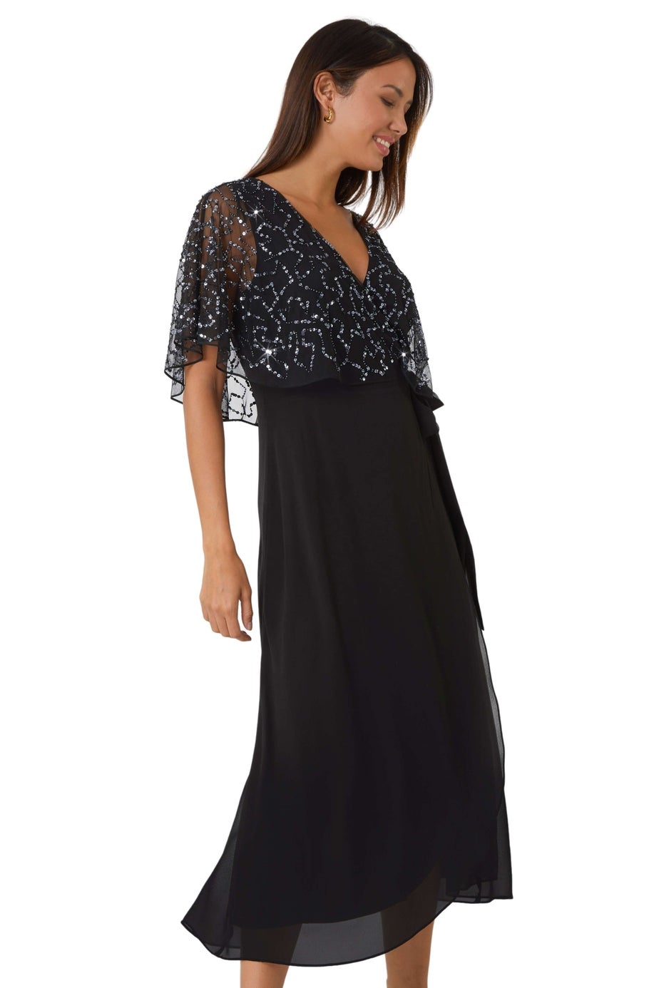 Roman Black Sequin Embellished Chiffon Wrap Maxi Dress