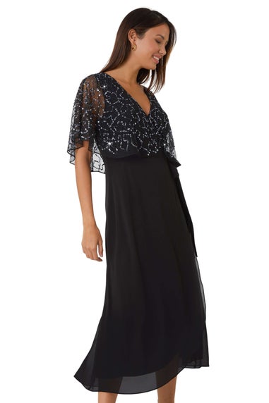 Roman Black Sequin Embellished Chiffon Wrap Maxi Dress