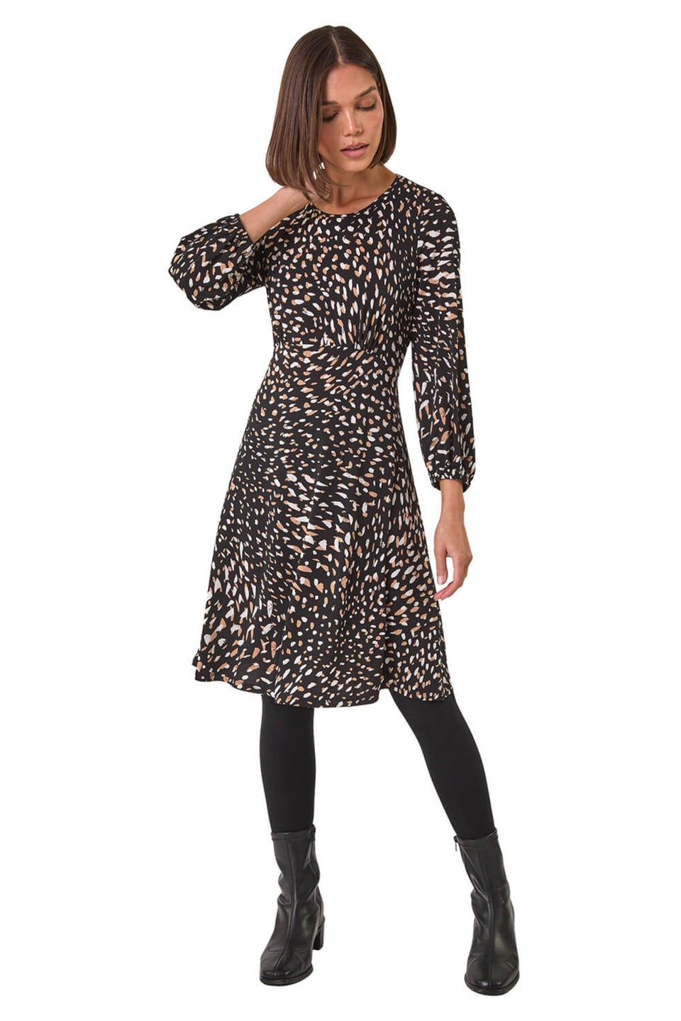 Roman Tan Speckled Print Stretch Dress