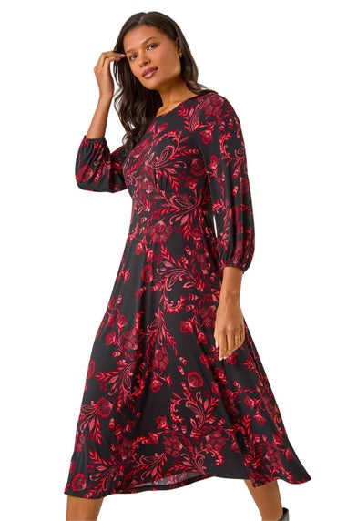 Roman Red Floral A-Line Midi Dress