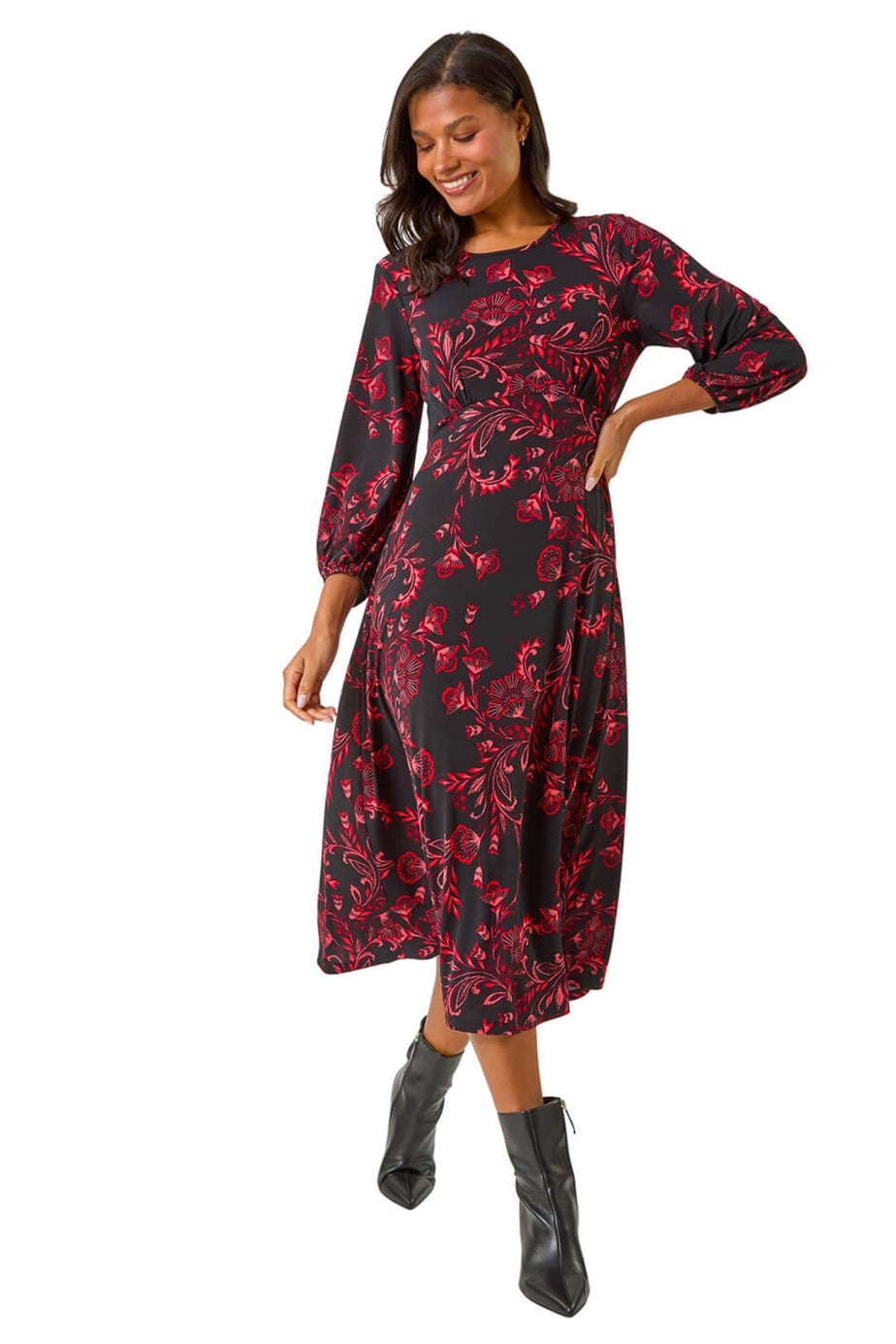 Roman Red Floral A-Line Midi Dress