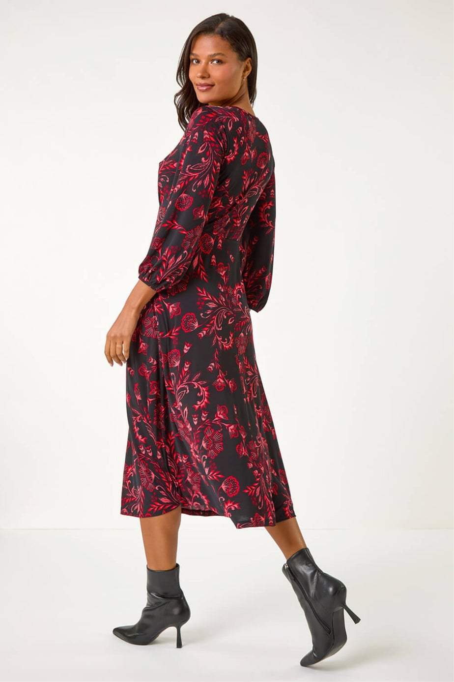 Roman Red Floral A-Line Midi Dress