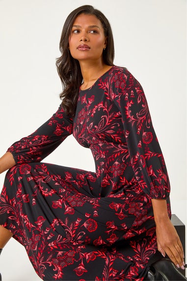 Roman Red Floral A-Line Midi Dress