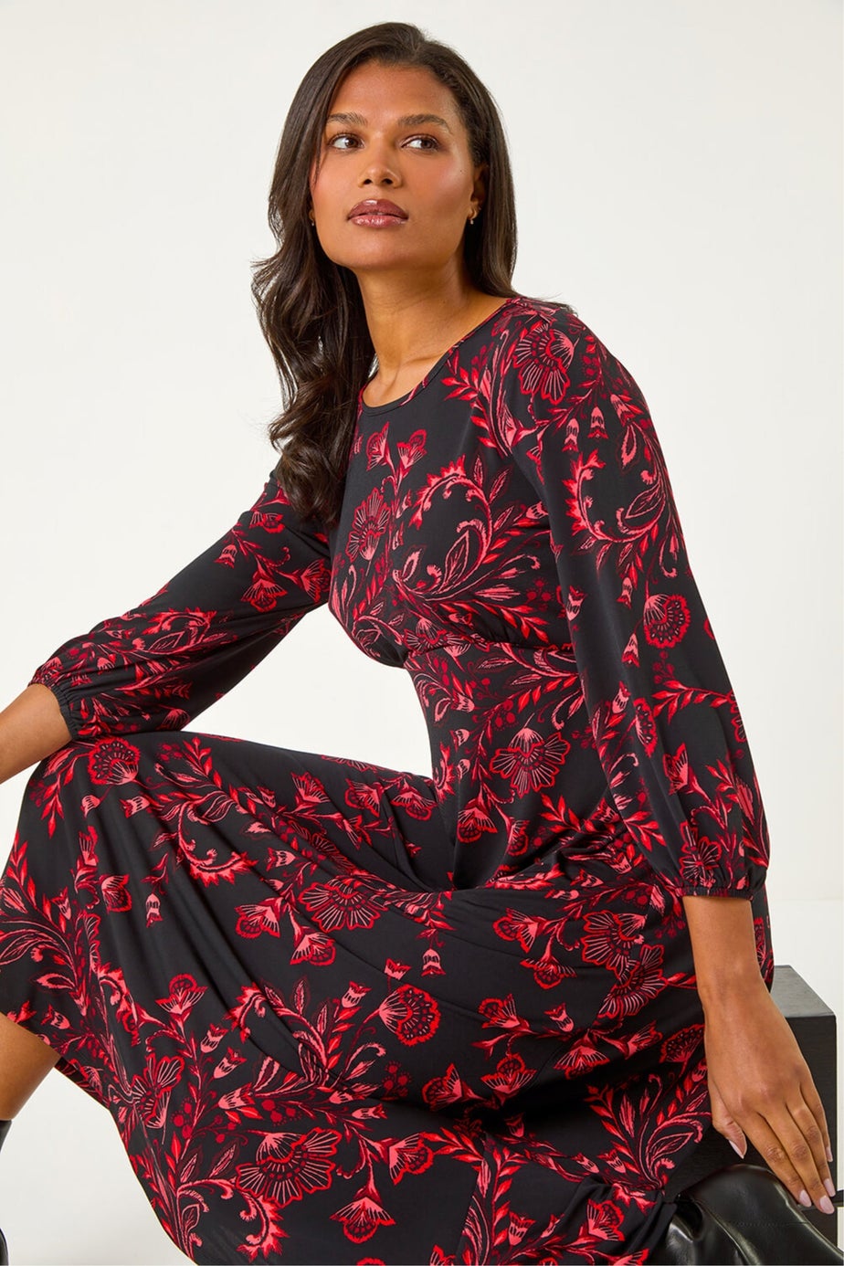 Roman Red Floral A-Line Midi Dress
