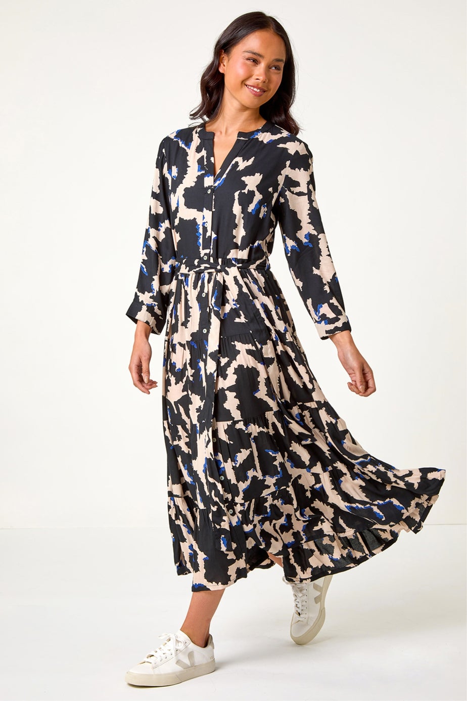 Roman Black Petite Abstract Print Button Midi Dress