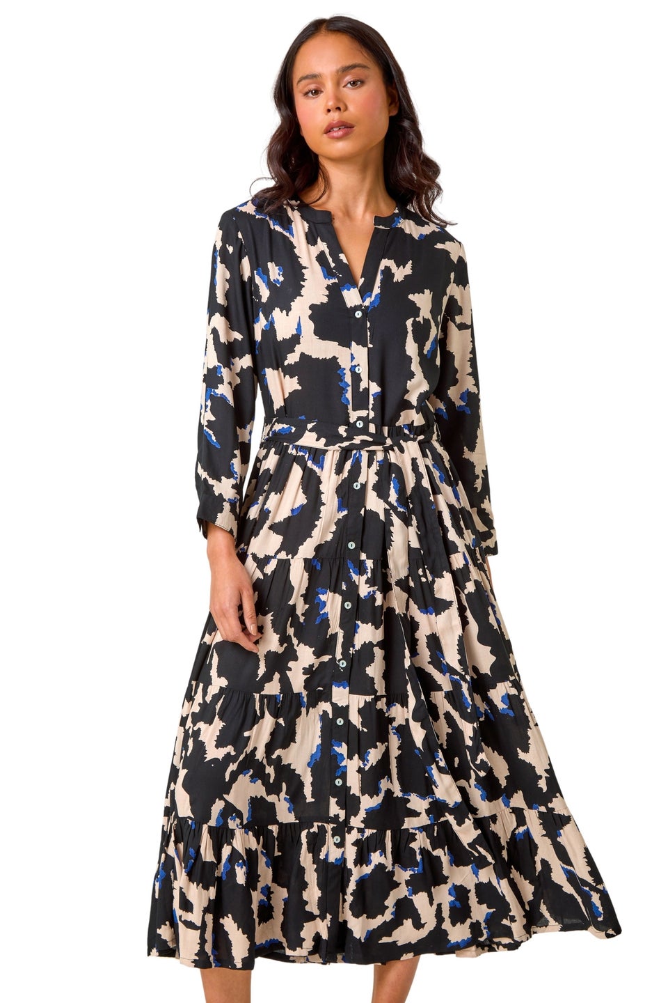 Roman Black Petite Abstract Print Button Midi Dress