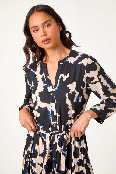 Roman Black Petite Abstract Print Button Midi Dress