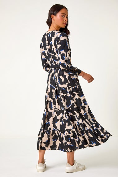 Roman Black Petite Abstract Print Button Midi Dress
