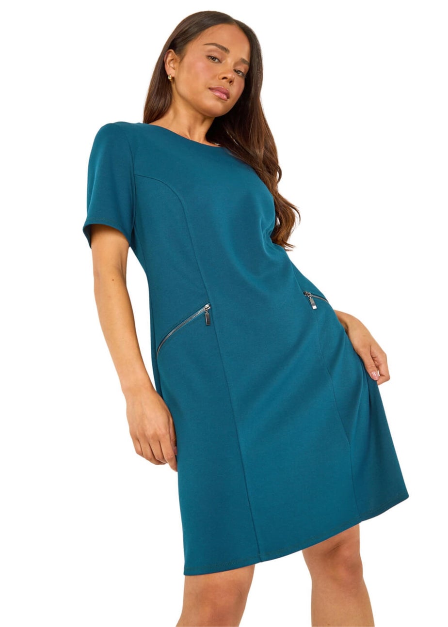Roman Teal Petite Zip Detail Pocket Shift Dress