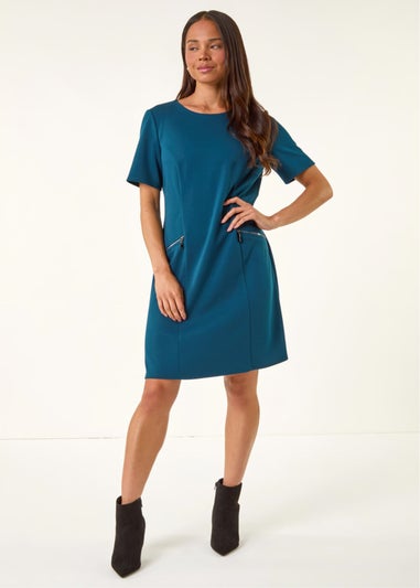 Roman Teal Petite Zip Detail Pocket Shift Dress