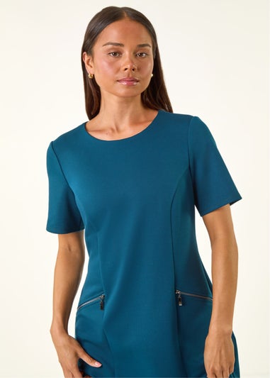 Roman Teal Petite Zip Detail Pocket Shift Dress