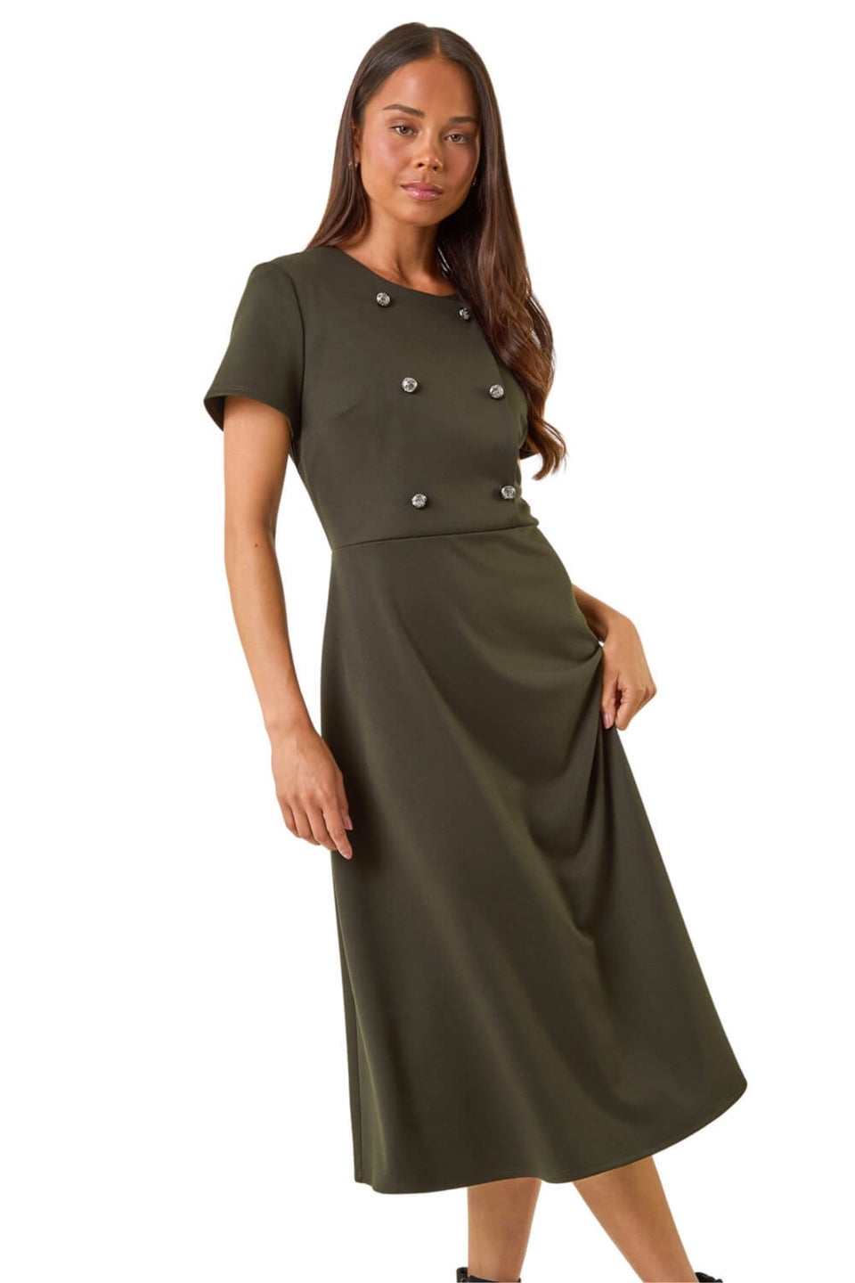 Roman Khaki Petite Button Stretch Midi Dress