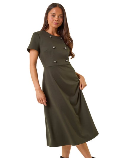 Roman Khaki Petite Button Stretch Midi Dress