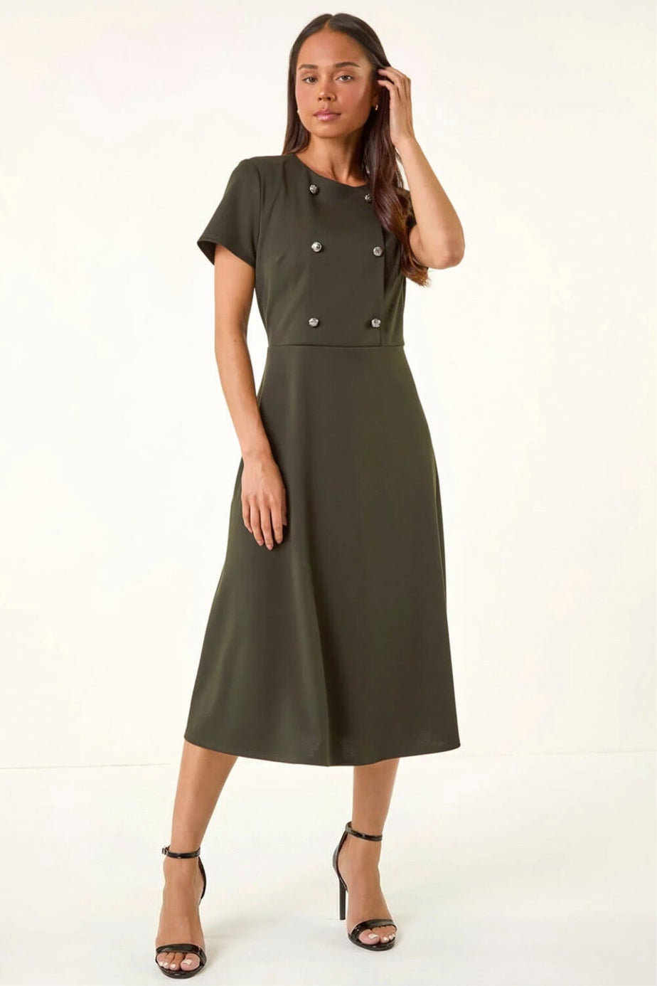 Roman Khaki Petite Button Stretch Midi Dress