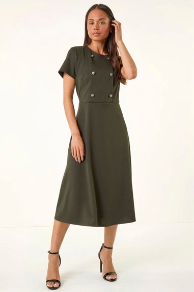 Roman Khaki Petite Button Stretch Midi Dress