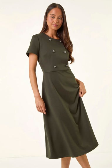 Roman Khaki Petite Button Stretch Midi Dress