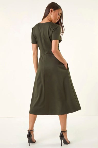 Roman Khaki Petite Button Stretch Midi Dress