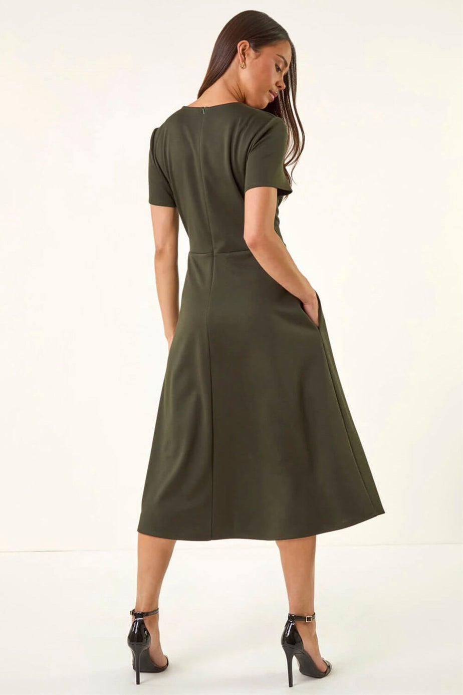 Roman Khaki Petite Button Stretch Midi Dress
