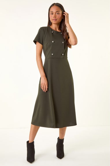 Roman Khaki Petite Button Stretch Midi Dress