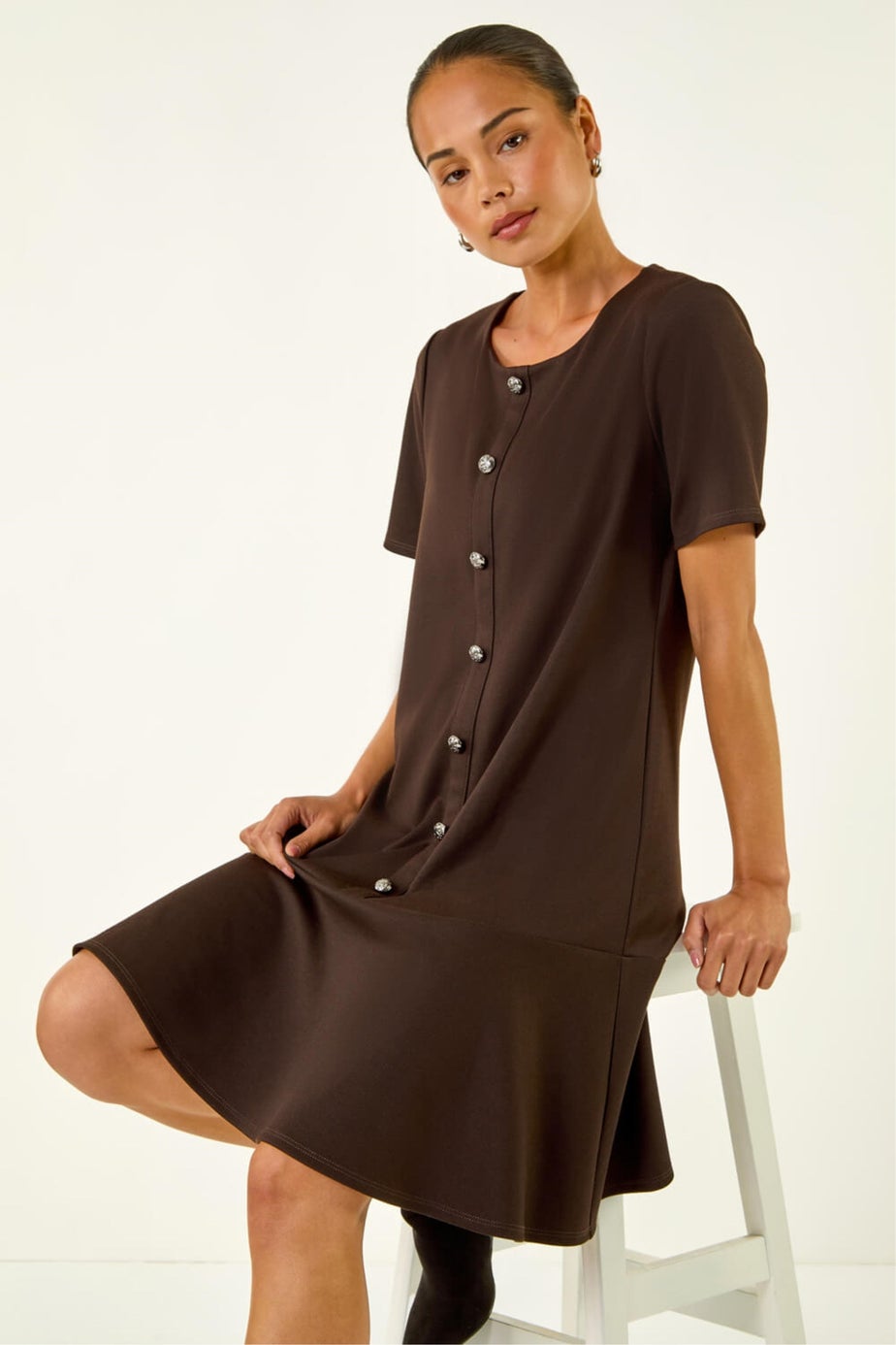 Roman Chocolate Petite Flute Hem Stretch Dress