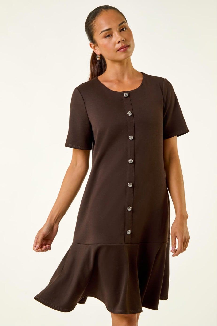 Roman Chocolate Petite Flute Hem Stretch Dress