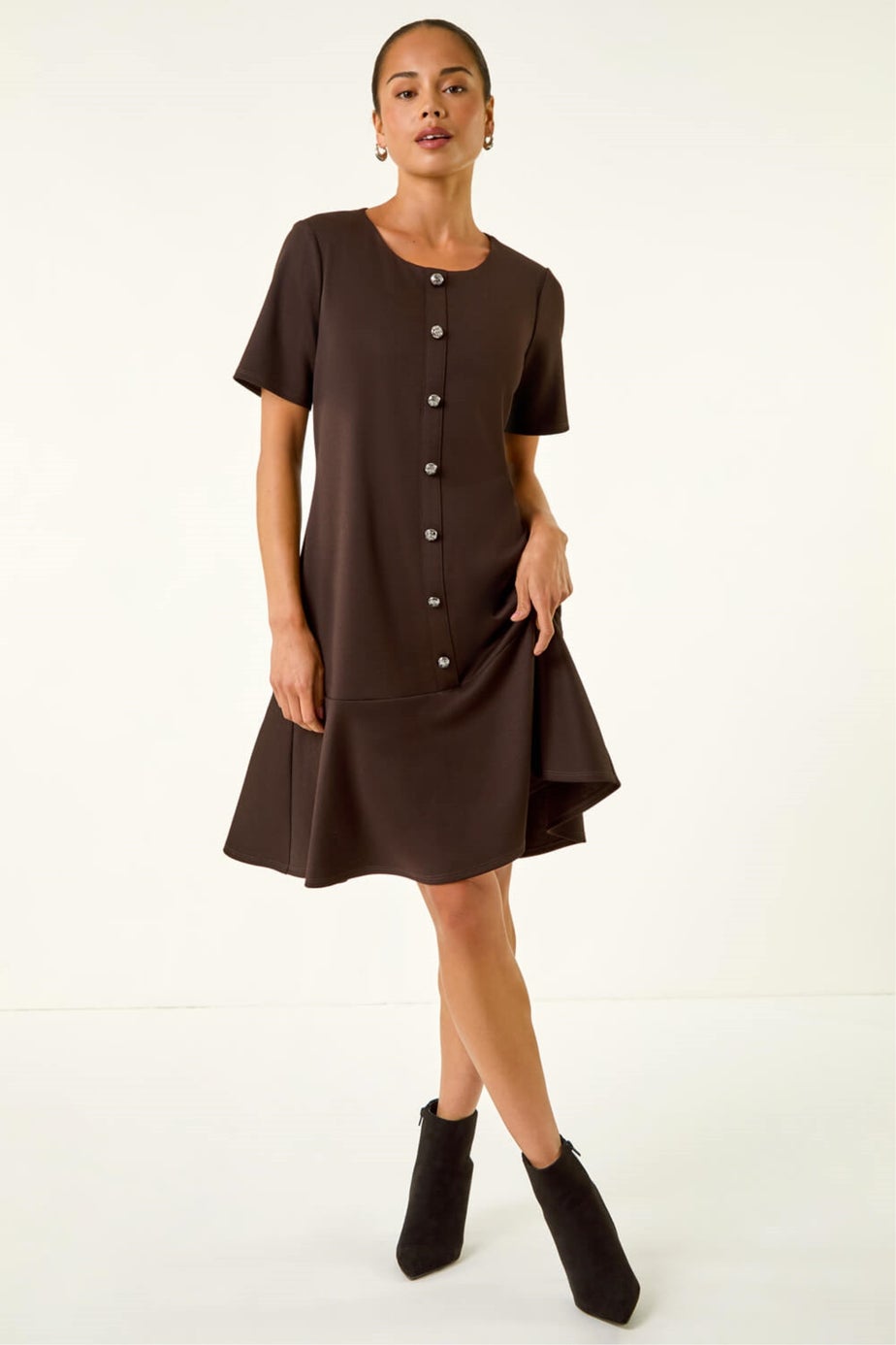 Roman Chocolate Petite Flute Hem Stretch Dress