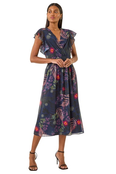 Roman Navy Floral Print Frill Midi Dress