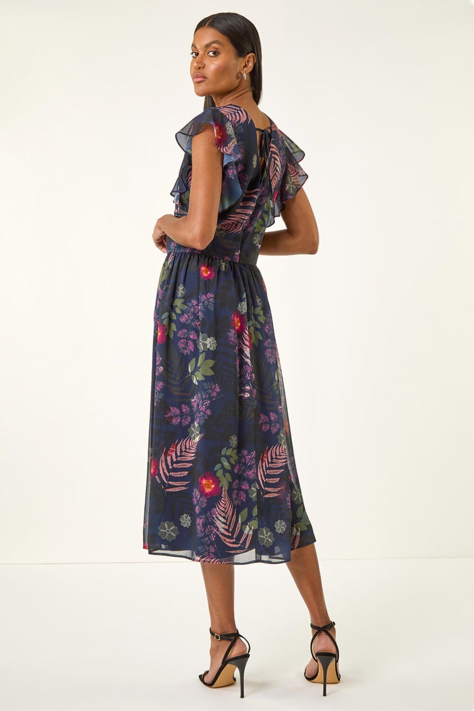 Roman Navy Floral Print Frill Midi Dress
