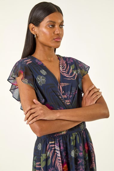 Roman Navy Floral Print Frill Midi Dress