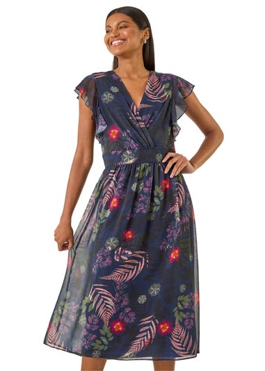 Roman Navy Floral Print Frill Midi Dress